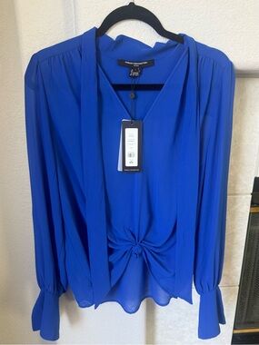 French Connection Cobalt Blue Tie Neck Blouse NWT Size L